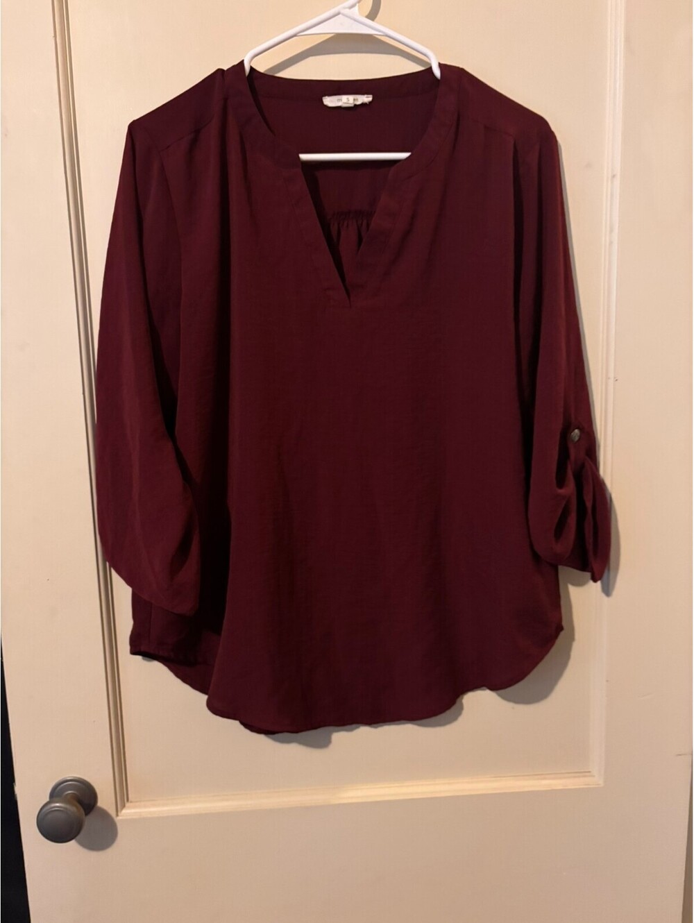 Maurices burgundy roll tab blouse Small